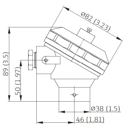 Dimensioned drawing of a KH aluminium thermocouple and RTD connection head
